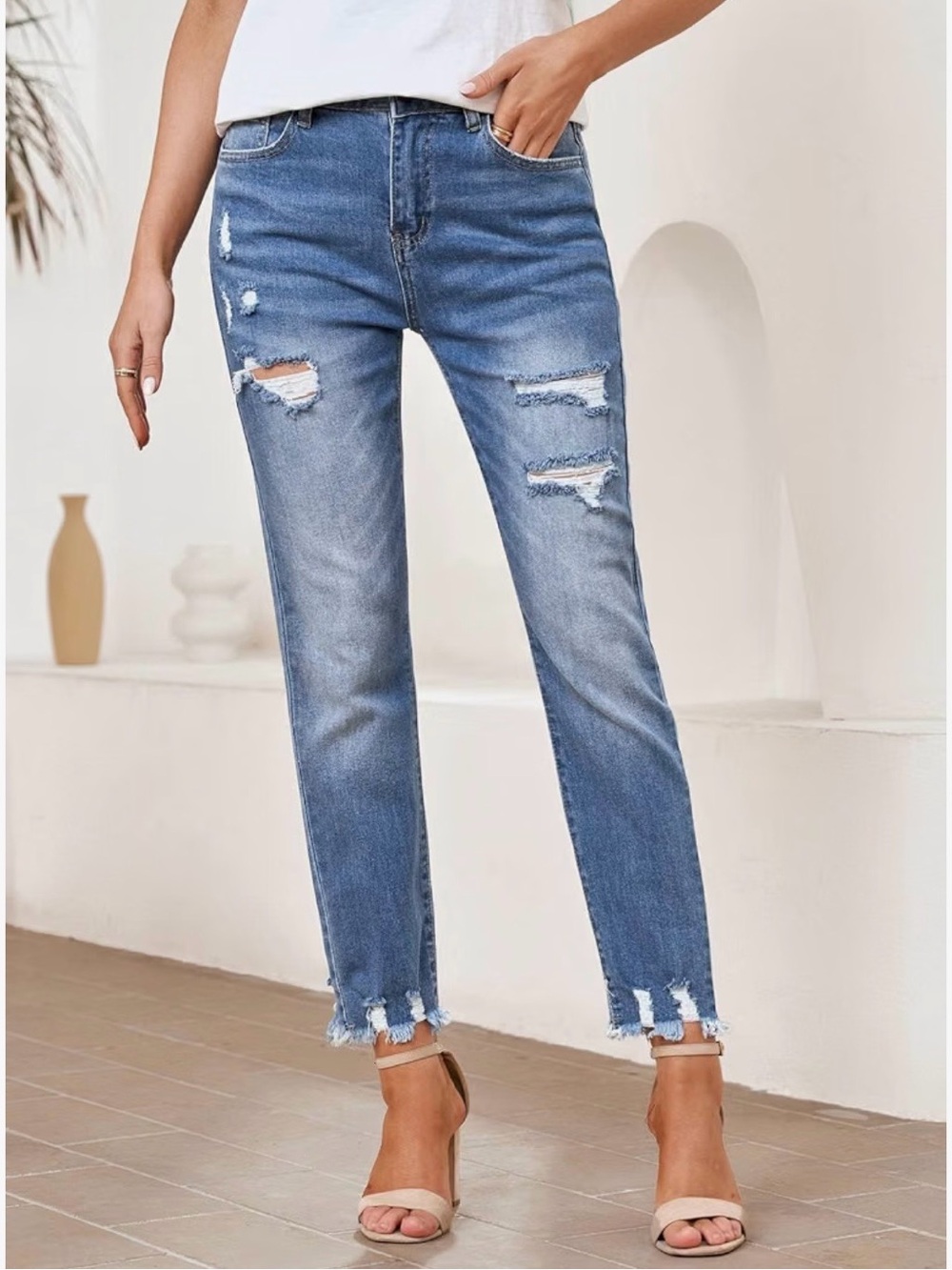 Women's High Waisted Tummy Control Straight Ankle Ripped Jeans